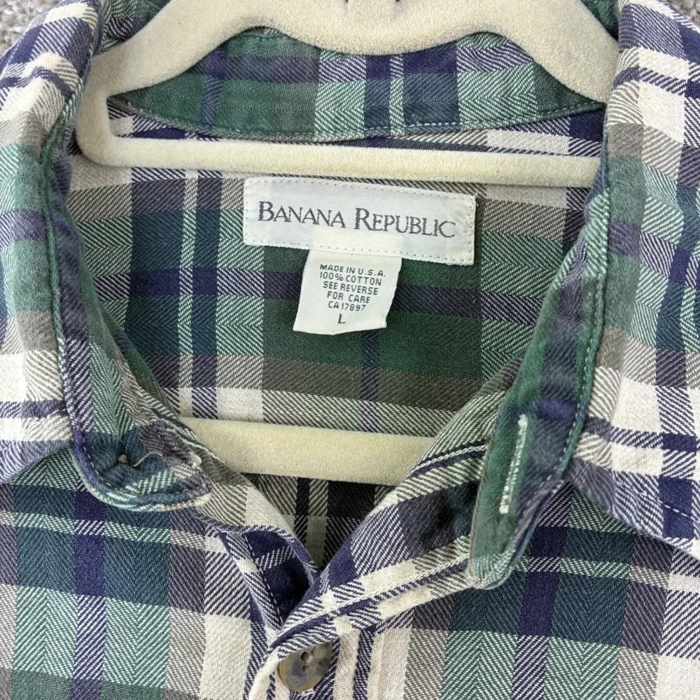 Banana Republic Flannel Shirt Size L Green Plaid Vintage USA Made Cotton